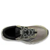 Championes de trail running Saucony Aura TR, color verde oliva con detalles en negro y verde flúor.