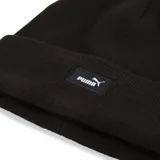 Gorro tipo beanie de punto color negro con vuelta y parche rectangular con logo de la marca en el frente.