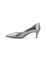 Zapato de tacón stiletto Polka, color plateado metalizado, con diseño de punta fina y tacón intermedio.