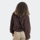 Campera de polar tipo sherpa color verde, con cuello alto y cierre frontal parcial con botones a presión. Presenta un bolsillo frontal con cierre y detalle de marca Reef.