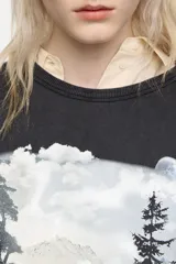 Sudadera de corte recto y holgado, con cuello redondo y manga larga. Presenta un estampado artístico de paisaje montañoso con un ciervo en el frente.