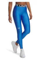 Calza larga de mujer Under Armour HeatGear color azul brillante, con cintura alta elástica con logo de la marca y logo pequeño en la pierna izquierda.