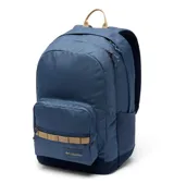 Mochila urbana Columbia de 30 litros, color azul oscuro con detalles en beige. Cuenta con dos compartimentos principales, funda acolchada para laptop, bolsillos laterales para botellas y base plana reforzada.