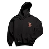 Canguro negro con capucha y bolsillo frontal tipo canguro. Presenta un pequeño estampado de un cerdo en el pecho y un diseño gráfico grande en la espalda con la frase 'Difícil que el chancho chifle'.