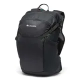 Mochila técnica Columbia de 30 litros en color negro, diseñada para senderismo y actividades al aire libre. Cuenta con respaldo de malla transpirable, estructura de acero elástico, sistema de compresión lateral, múltiples bolsillos organizadores, compartimento para bolsa de hidratación y cinturón lumbar ajustable.