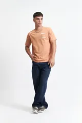 Remera color durazno de manga corta, cuello redondo y corte clásico. Estampado frontal con recuadro de buscador web y texto "authentic".