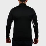 Buzo deportivo negro de manga larga con cierre parcial en el cuello y logo de la marca en el pecho.