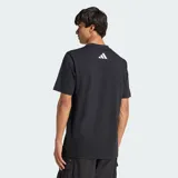 Remera de algodón color negro con cuello redondo y mangas cortas. Presenta un estampado frontal con el logo de Mercedes-Benz, el emblema de AMG Petronas Formula 1 Team y detalles en color turquesa.