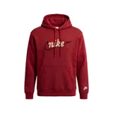 Canguro Nike Club Fleece de color bordó con efecto lavado. Presenta capucha con cordones ajustables, bolsillo frontal tipo canguro y un diseño gráfico bordado en el pecho con el logo de la marca en relieve. Incluye un pequeño logo de Nike bordado en el puño de la manga izquierda.
