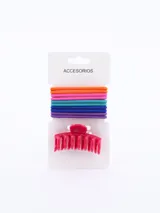 Set de accesorios para el cabello compuesto por una pinza de plástico fucsia y diez coleros elásticos en colores surtidos.
