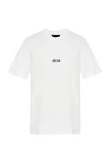 Remera blanca de algodón con cuello redondo y mangas cortas. Estampado frontal con la palabra "BESTIA" en color negro.