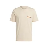 Remera de manga corta, cuello redondo, color beige claro, con el logo de Adidas en tipografía cursiva marrón en el pecho.