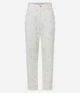 Pantalón mom comfort de cintura alta confeccionado en sarga color crudo, con trabillas en la cintura, cierre tradicional, bolsillos y brillo aplicado con lunares metalizados y pedrería de strass.