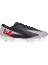 Championes de fútbol Under Armour modelo Shadow Select 3 FG, con parte superior sintética suave en color negro y blanco con detalles en rojo. Presenta suela de TPU con tacos cónicos para tracción en superficies naturales firmes.