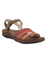 Sandalia de cuero modelo Parklands de RKF, con tiras delanteras en tonos rojo, rosado y salmón, y estructura principal en color marrón. Posee cierre con tira ajustable en el talón y suela con efecto corcho y base de goma.