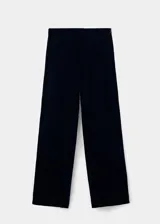 Pantalón de terciopelo color azul marino, de tiro medio y diseño recto largo con cierre de cremallera lateral.