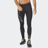 Calza de compresión de longitud completa para hombre, color negro, con tecnología Muscle Containment Stamping (MCS) en cuádriceps y pantorrillas. Presenta detalles gráficos en color dorado que simulan las zonas de compresión.