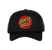 Gorra tipo trucker color negro con panel frontal de espuma y parte trasera de malla. Presenta un parche circular en el frente con el logo clásico de Santa Cruz Skateboards en colores rojo y amarillo.