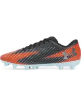 Championes de fútbol Under Armour Shadow Select 3 FG, con parte superior sintética suave en color negro y naranja con detalles lineales. Cuenta con suela de TPU con tacos cónicos para tracción en superficies naturales firmes y plantilla de EVA para mayor comodidad.