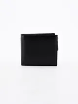 Billetera de cuero color negro, plegable, con múltiples compartimentos para tarjetas y billetes.