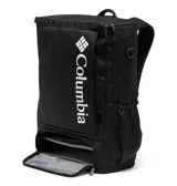 Mochila urbana Columbia de 30 litros, color negro con logo estampado en blanco. Cuenta con compartimento principal con cierre, funda interna acolchada para laptop de hasta 13 pulgadas, bolsillos laterales para botellas, panel trasero acolchado y correas ajustables.
