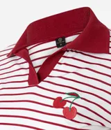 Blusa de algodón a rayas horizontales blancas y rojas, con cuello polo rojo, mangas largas y bordado de cerezas en el pecho.