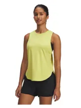 Musculosa deportiva Under Armour de running, color amarillo lima, con diseño de cuello redondo, perforaciones láser laterales para ventilación y bajo curvado.