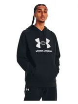 Buzo negro Under Armour de frisa con capucha y logo blanco estampado en el pecho. Cuenta con bolsillo tipo canguro y puños y cintura acanalados.