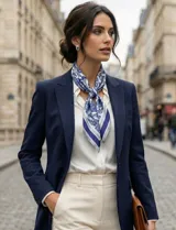 Pañuelo cuadrado de satén con estampado de arabescos en tonos blanco y azul.