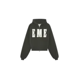 Hoodie canguro con cierre completo de color verde oscuro, con capucha y bolsillos frontales estilo canguro. Presenta las letras "EME" grandes en la parte delantera de color blanco con efecto texturizado.
