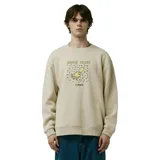 Buzo beige de cuello redondo con estampado frontal de un pájaro amarillo y la frase "Break Free!".