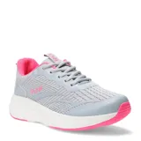 Championes deportivos Push modelo California, color gris con detalles en fucsia. Presentan capellada de tejido técnico transpirable, refuerzos sintéticos en puntera y laterales, y suela de plataforma blanca con base fucsia.