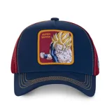 Gorra tipo trucker de CapsLab con diseño de Dragon Ball Z, presentando un parche bordado de Super Saiyan en el frente. La gorra combina paneles frontales de algodón azul marino con costuras en contraste y paneles traseros de malla roja.