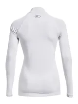 Remera blanca de manga larga Under Armour ColdGear Authentics Mockneck, con cuello alto y logo negro en el cuello.
