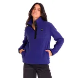 Buzo de polar color azul con cuello alto, cierre frontal parcial con tres botones y tapeta de poliéster ripstop. Presenta bolsillos laterales ocultos en las costuras, puños y dobladillo con terminación en lycra, y parche circular con el logo de la marca en el pecho.