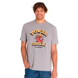 Remera de manga corta color gris jaspeado con estampa frontal estilo retro que incluye el texto 'Power Truck' y un personaje animado de un camión, con el logo de Caterpillar debajo.