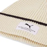 Gorro tipo beanie de punto acanalado en color crema, con una franja horizontal oscura en el borde y parche frontal con logo de la marca.