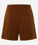 Short pollera marrón de pana con textura acanalada, bolsillos delanteros y cierre lateral con cremallera.