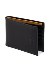 Billetera de cuero para hombre, de color negro con interior en tono tostado. Cuenta con múltiples ranuras para tarjetas y diseño plegable.