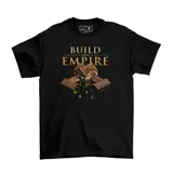 Remera negra de algodón con estampa frontal inspirada en el videojuego Age of Empires, que incluye el texto 'Build your empire' y una ilustración de una construcción medieval.