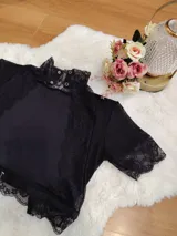 Top de cuello alto confeccionado en terciopelo acanalado, con detalles de encaje en el cuello y el ruedo, y mangas cortas de microtul transparente.