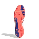Championes de fútbol Adidas Predator League, modelo con lengüeta plegable, color naranja vibrante con detalles en azul y blanco. Diseñados con tecnología Hybridfeel para un mejor control del balón.