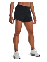 Short deportivo Under Armour Flex Woven 2-in-1, de color negro, con diseño de doble capa que incluye shorts de compresión interiores y tecnología UA Storm que repele el agua. Cuenta con cintura ancha y plana.