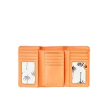 Billetera plegable color naranja neón con relieve de textura a cuadros y motivos de conchas marinas. Presenta el logo "RIP CURL" grabado en el frente.
