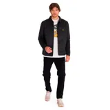 Chaqueta tipo chore de Caterpillar en color negro, confeccionada en sarga encerada. Presenta cierre frontal metálico, cuello camisero, bolsillo en el pecho con cierre y etiqueta con el logotipo de la marca. Cuenta con forro interior estampado.