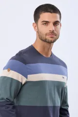 Remera de manga larga con cuello redondo y diseño de rayas horizontales en azul marino, azul claro, beige y verde oscuro. Incluye un pequeño logo bordado en el pecho.