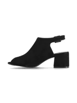 Sandalia peep toe de cuero negro con taco cuadrado de 6 cm, talón descubierto y tira ajustable con hebilla metálica en el tobillo.