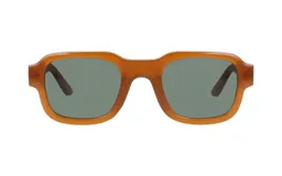 Lentes de sol con armazón de acetato en color caramelo y cristales oscuros de forma rectangular.