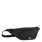 Riñonera negra Puma Academy con dos compartimentos con cierre y logo estampado en blanco.