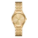 Reloj analógico Michael Kors con caja y malla de eslabones en acero inoxidable color dorado. Presenta una esfera minimalista con números romanos en las posiciones de las 12 y las 6, y manecillas finas.